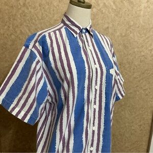 VTG 80s 90s Blue & White Striped Faded Short Sleeve Boxy Button Front Shirt